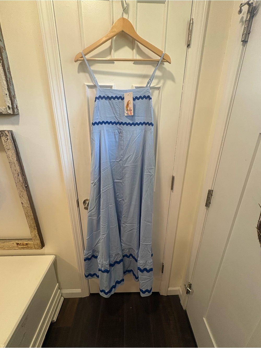 Light Blue Maxi Dress with Navy Trim - Women's Summer Dress